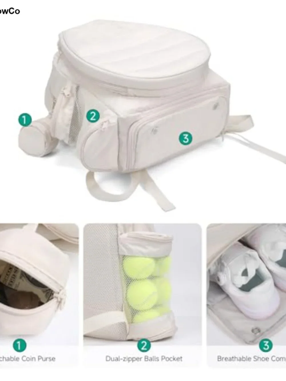 Tennis Backpack Holds 2 Rackets, 400D Oxford Polyester, Water Bottle Holder